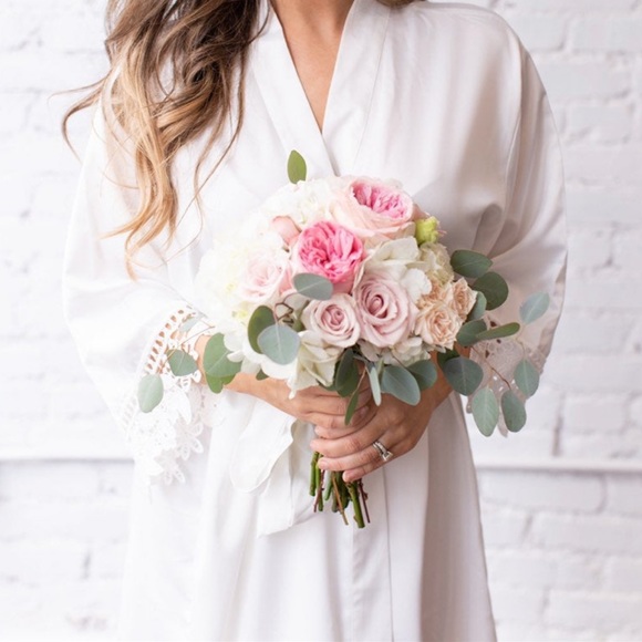 White Sateen Robe with Lace Trim Bridal Getting Ready Bride - Picture 2 of 9